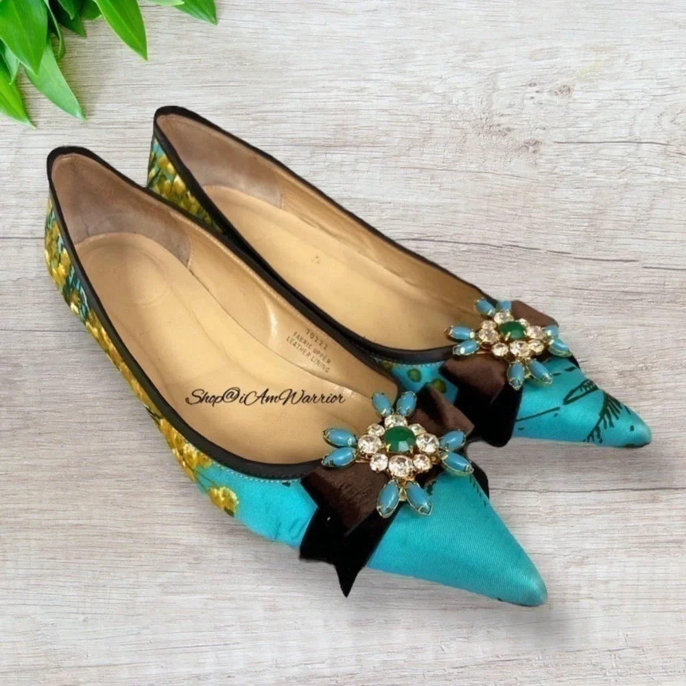 J.Crew RARE floral silk embellished bow pointed toe low heel flats/shoes